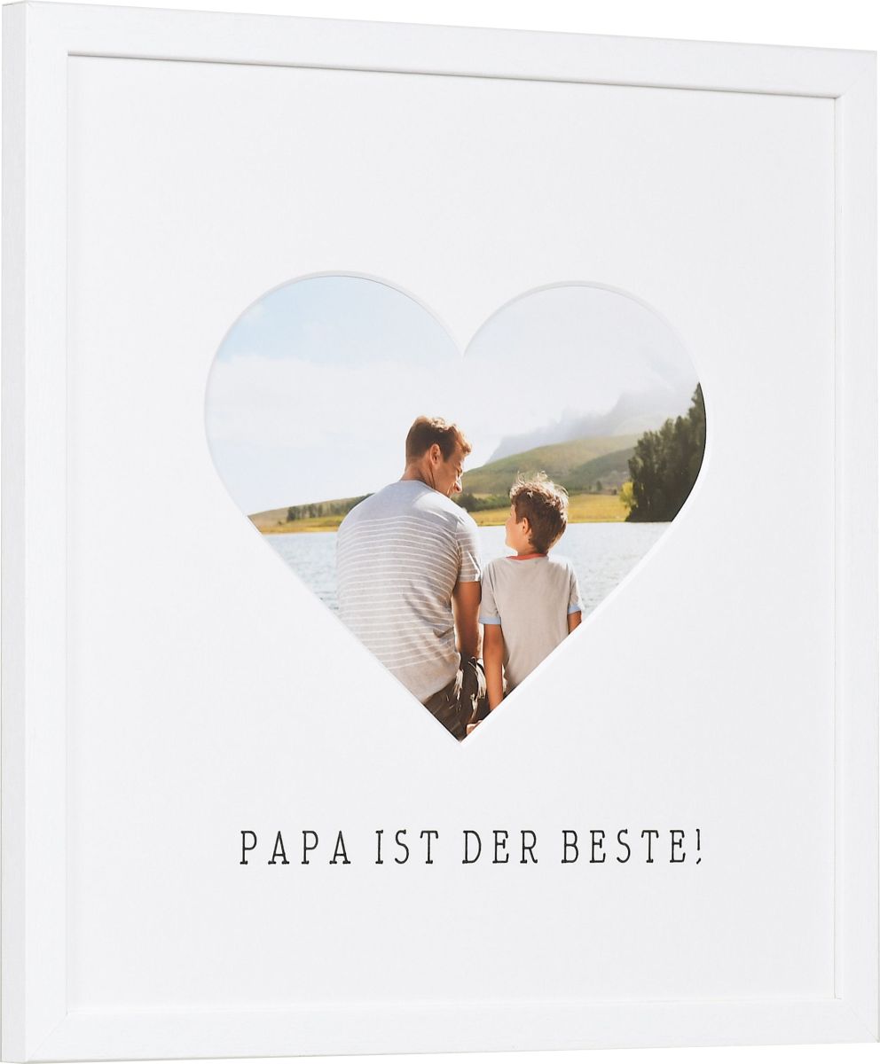 seitliche Ansicht eines Bilderrahmens mit Herzausschnitt für Papa in der Farbe Weiss